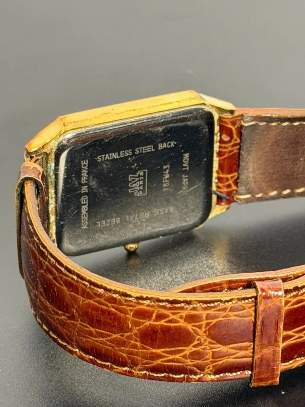 JAZ Paris Vintage Rectangular Quartz Wristwatch Gold Tone Date Leather Band